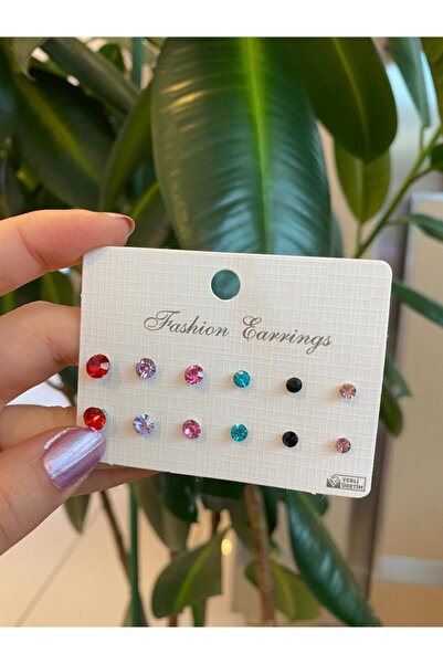 Biju Boutique Kadın Beyaz 12'li Renkli Taş Küpe