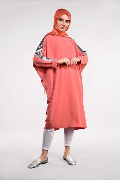 TRENDTESETTÜR Women's Pink (S. SHELL) Snakeskin Detailed Bat Sleeve Tunic 65191