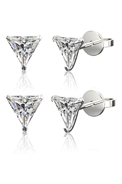 Jewelry For Light 2'li Set 5mm,6mm, Üçgen Kesim 925 Ayar Gümüş, Beyaz Tektaş, Zirkon, Pimli Küpe