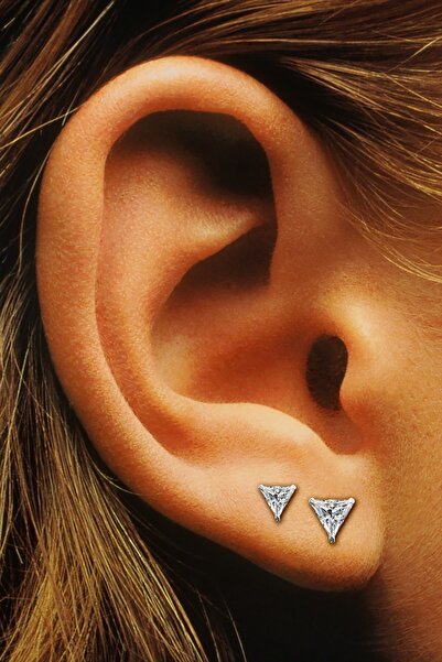 Jewelry For Light 2'li Set 5mm,6mm, Üçgen Kesim 925 Ayar Gümüş, Beyaz Tektaş, Zirkon, Pimli Küpe