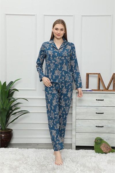Semm Mix Set pijamale cu nasturi din viscoză albastră pentru femei
