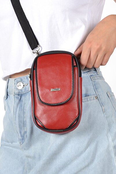Meka Deri Unisex Red Genuine Leather Shoulder Bag with Phone Compartment
