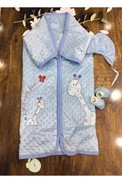 Bebessi Erkek Bebek Zürafalı Kadife Battaniye Seti Mavi