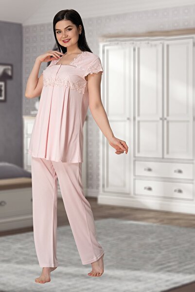 Effortt Kadın Mavi Yakası Dantelli Lohusa Pijama Takımı