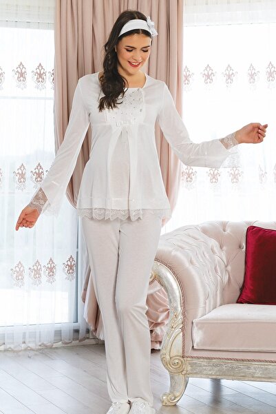 Mecit Ženska pidžama za trudnice u boji ekru sa detaljima