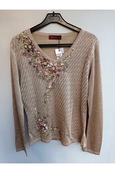 Butik Tülin Kadın Altın Otantik Rayon Çiçek Aplike Nakışlı Bluz