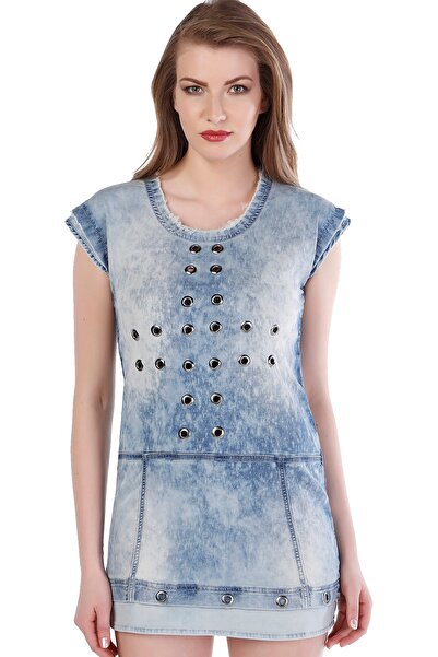 Cipo&Baxx Kadın Mavi Delikli Metal Detaylı Kot Mini Elbise