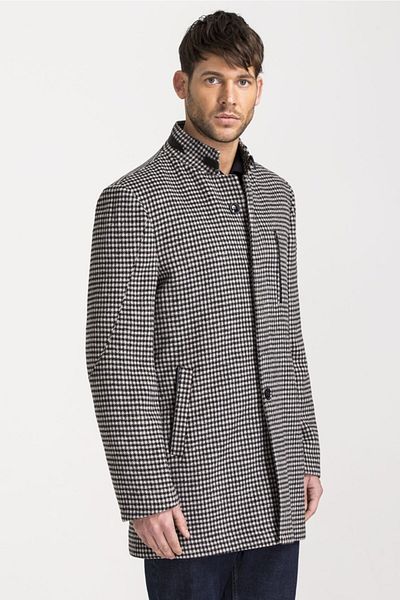 hateko Men's Black and White Houndstooth Patterned Slim-Fit Cashmere Coat
