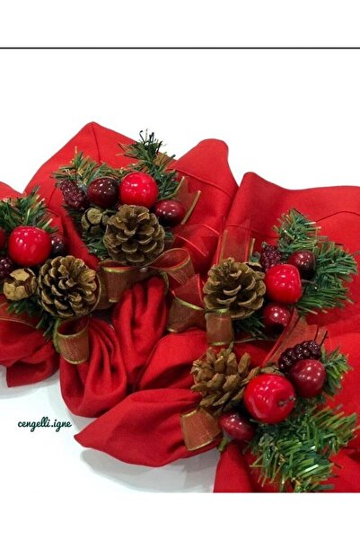 Çengelli İğne Kırmızı Kozalak Peçete Halkası 6 Adet Set