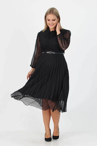 Neşeli Butik Γυναικείο φόρεμα δαντέλα με ζώνη Apcx28 - Μαύρο