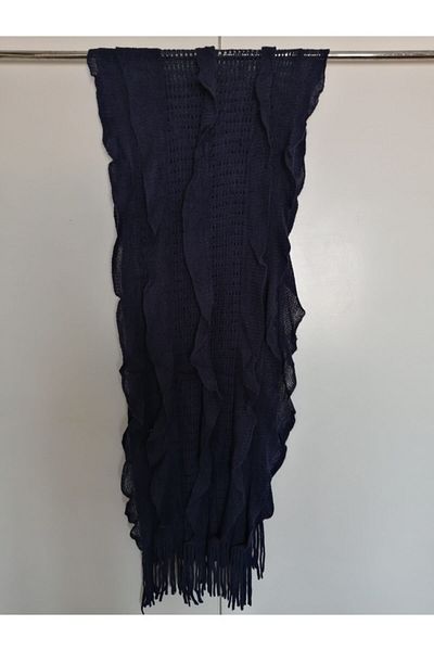 Butik Tülin Unisex Authentic Acrylic Navy Blue Perforated Frilly Tassel Shawl