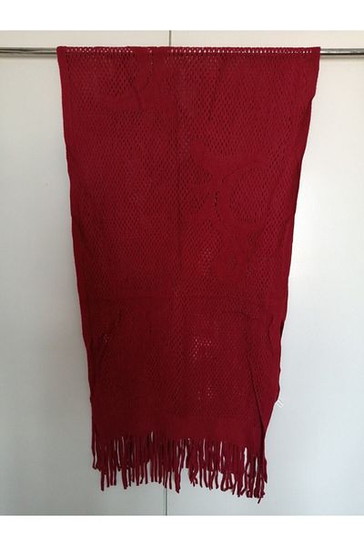Butik Tülin Unisex Authentic Acrylic Claret Red Perforated Patterned Tasseled Soft Shawl