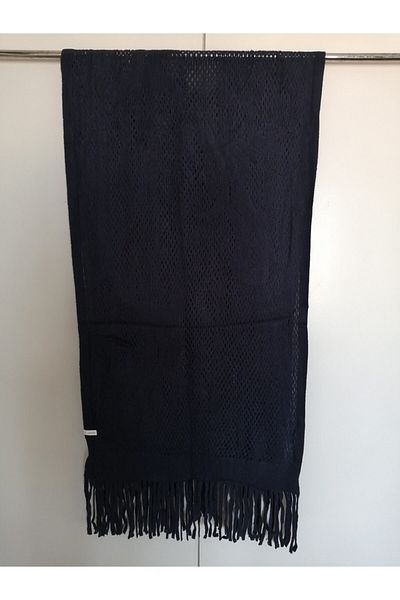 Butik Tülin Unisex Authentic Acrylic Navy Blue Perforated Patterned Tasseled Soft Shawl