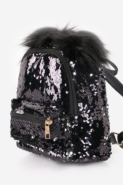 DZC KUZENLER AVM Sequined Bag Sequined Children's Backpack Black with Pompom