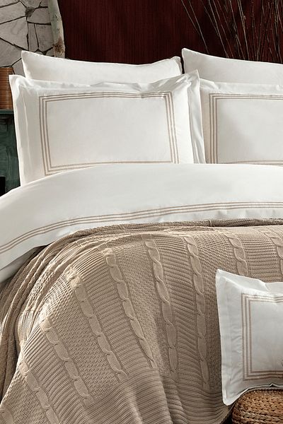 Minelya Home Collection Σετ κρεβατιού 8 τεμαχίων πλεκτό και κεντημένο Aydos διπλό βαμβακερό μπεζ παπλωματοθήκη