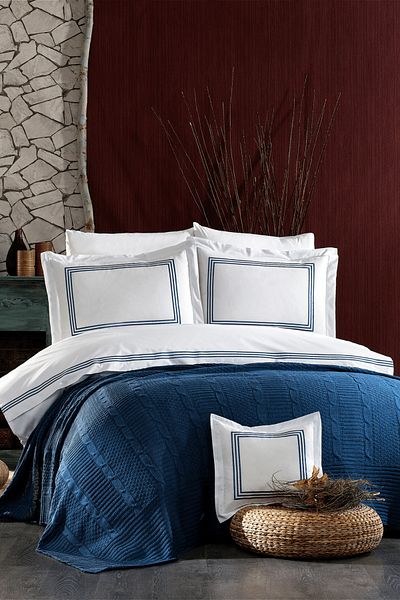 Minelya Home Collection Set de lenjerie de pat Aydos dublu din bumbac albastru, 8 piese, cu pătură și broderie