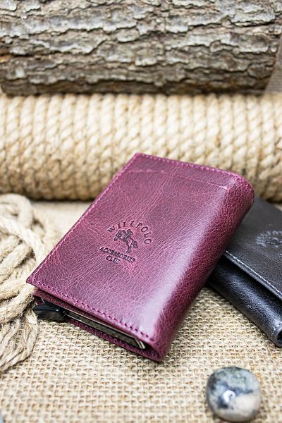 willpolo Πορτοφόλι θήκης κάρτας Claret Red από γνήσιο δέρμα Crazy Leather Mechanism