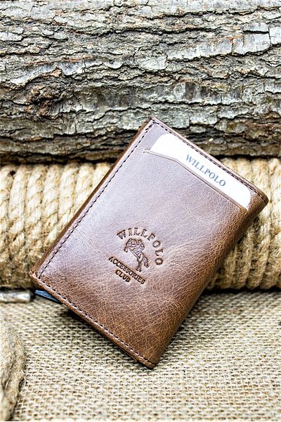 willpolo Πορτοφόλι θήκης κάρτας από γνήσιο δέρμα Crazy Leather Mechanism Brown