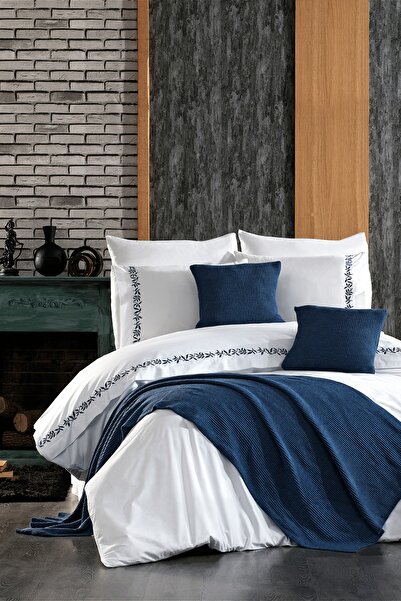 Minelya Home Collection طقم مفرش سرير وغطاء وسادة منسوج باللون الأزرق من إيلجاز مكون من 3 قطع