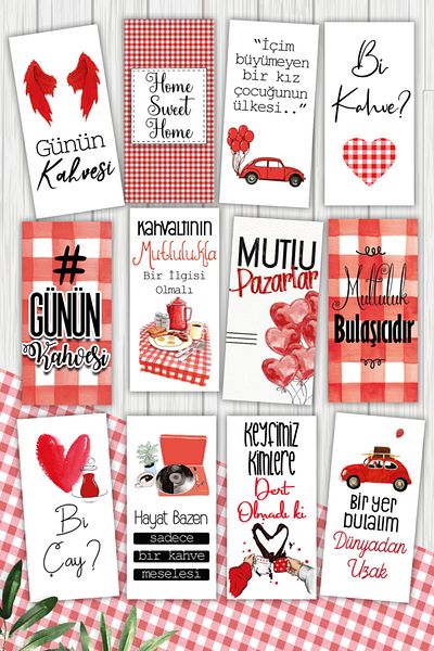 Pankart Evi - Red Gingham 12 Pieces Coffee Motto Presentation Cards