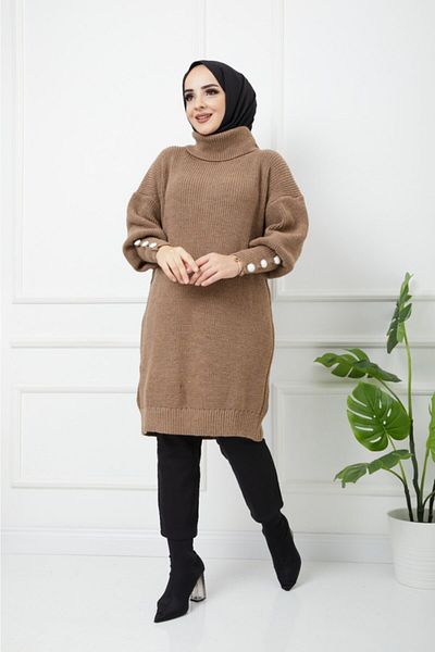Pamuk Butik Γυναικείο Πλεκτό Πουλόβερ Καφέ Ψηλό Λαιμό