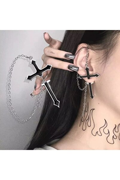 Köstebek Harajuku Gothic Punk Zincirli Haç Küpe
