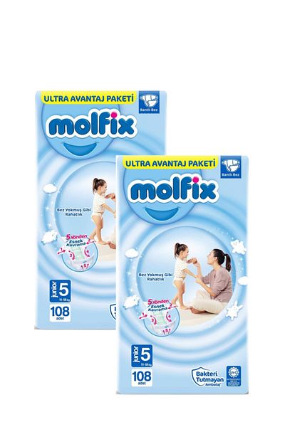 Molfix Baby Diapers Size 5 Junior Ultra Advantage Package 108 Pieces 2 Packs
