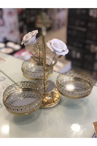 GaleriaHome 3 Bölmeli Gold Sunumluk Porselen Çiçekli