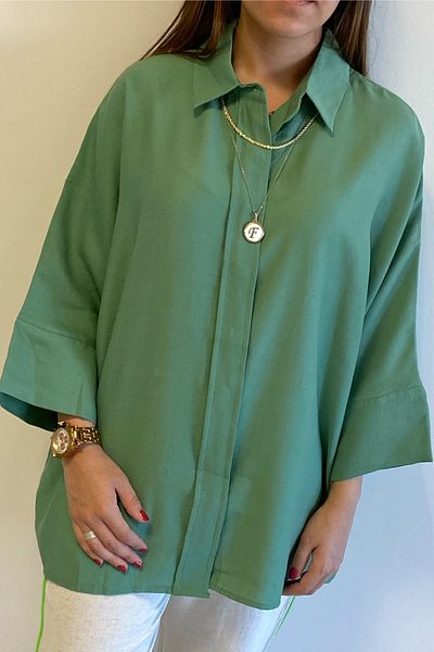 FEMELLE Dámská khaki košile se skrytým knoflíkem, chudý rukáv, volný střih oversize 50 % viskóza 50 % bavlna