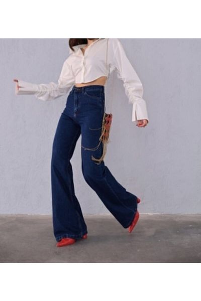 Trn JNS Anii '90, albastru închis Lycra, blugi largi cu talie super înaltă Pantaloni Palazzo. (SUPER ÎNALT) Picior lat