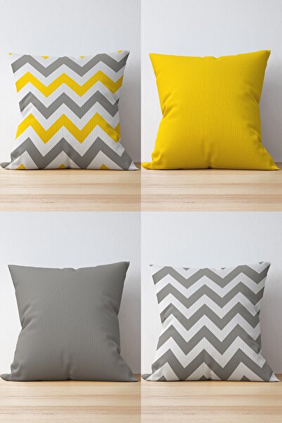 Nish & Royal 4'lü Çift Taraflı Sarı Ve Grinin Uyumlu Kombin Süet Yastık Kırle...