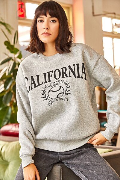 Olalook Kadın Gri California İçi Polarlı Kalın Sweatshirt SWT-19000507