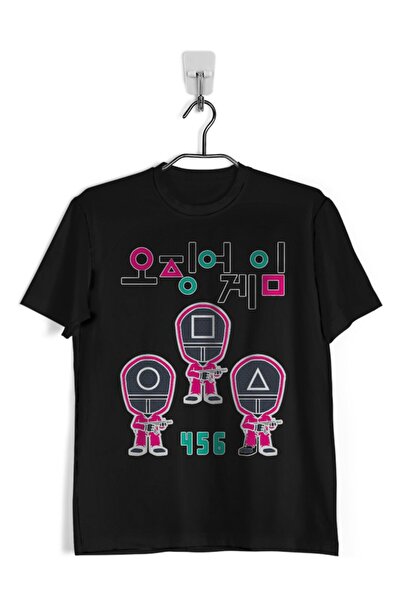 Squıd Game Baskılı Kısa Kol Bisiklet Yaka Siyah Erkek T-shirt