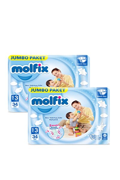 Molfix Bebek Bezi Jumbo Paket 3 No Midi 4-9 Kg 34'lü 2 Paket