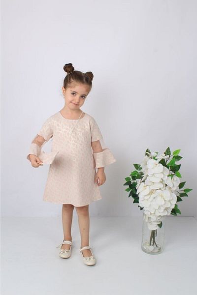 ÖFİ Kids Girl's Powder Pink Leafy Dress with Bag