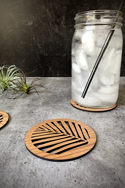 AHWALL مجموعة قواعد أكواب خشبية منقوشة بأوراق الشجر مكونة من 4 قطع