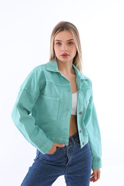 Fav Style Jachetă de denim cu buzunar dublu, cu nasturi, albastru mentă