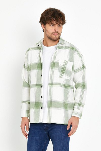 CLIPMAN Ανδρικό Slim Fit Single Pocket καρό γνήσιο πουκάμισο ξυλοκόπο πράσινο