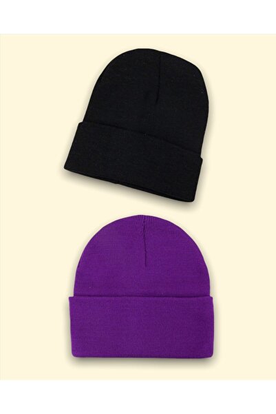 Goldmine Set Beanie unisex negru și violet - Set de bază dublu beanie