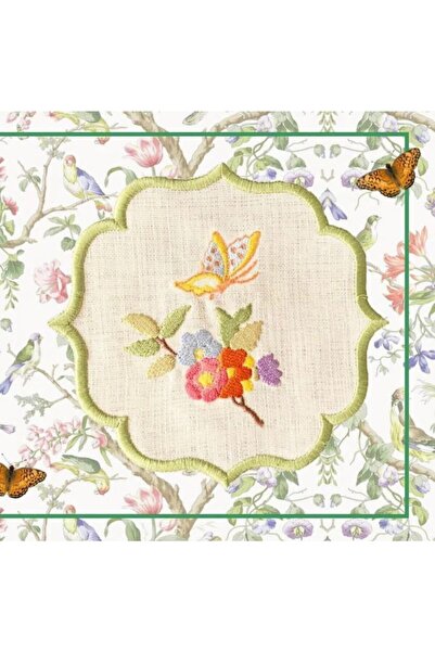 cantasarım ev tekstili Kelebek Nakışlı Keten Kokteyl Peçetesi ve Sunumluk 15x...