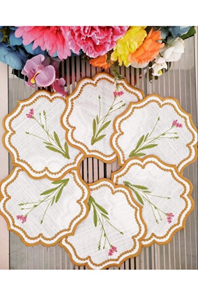 cantasarım ev tekstili Botanical Nakışlı 6'lı Keten Sunumluk&kokteyl Peçetesi...