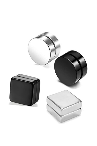 TakıConcept 4 Adet Set Siyah Gümüş 2 Kare 2 Yuvarlak Mıknatıslı Erkek Küpe 8mm Mıknatıs Çelik Manyetik