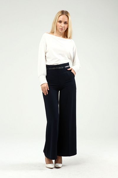 ferace cadde Women's Wide Leg Belted Navy Blue Crepe Trousers