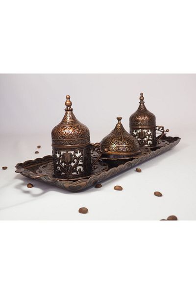 kapadokyahediyelik Ottoman Motif 2-Piece Turkish Coffee Set Copper Color