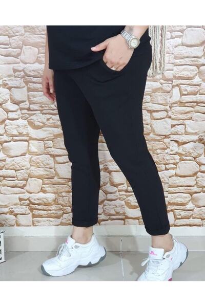 sinemisxxl Women's Black Elastic Waist Lycra Double Leg Scuba Crepe Comfortable Trousers
