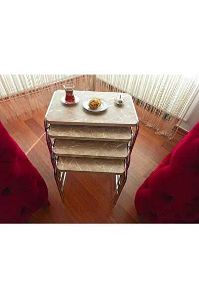 aldagelsin Mermer Desenli Şık 4'lü Zigon Sehpa Gümüş