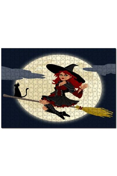 Cakapuzzle قطة ساحرة مع مكنسة صورة القمر 120 قطعة لغز الصور المقطوعة Mdf (خشب)