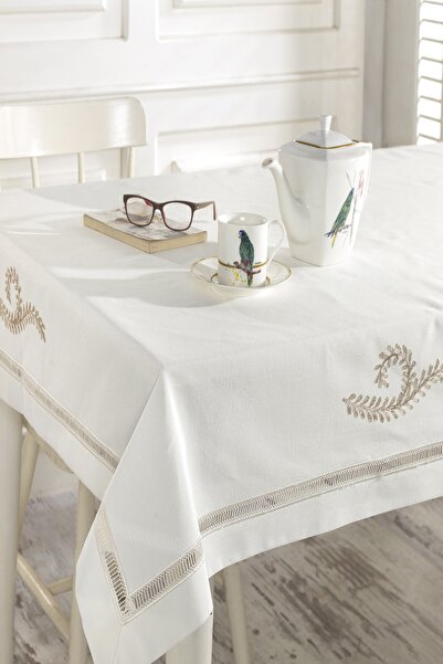 ÖDEL HOME White Duck Fabric Bordered Openwork Embroidered 140X180 cm Table Cloth