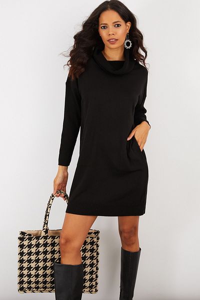 Cool & Sexy Damska czarna dzianinowa mini sukienka z wycięciem YV73