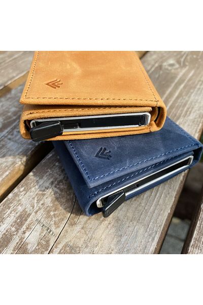 Eminsa Dark Blue Card Holder Wallet with Crazy Leather Mechanism
